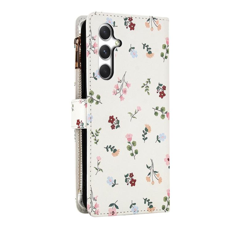 For Samsung Galaxy S23 FE 5G Flower Pattern Zipper Wallet Vegan Leather Phone Case with Lanyard