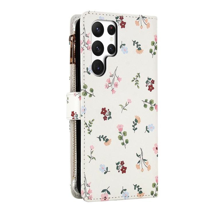 For Samsung Galaxy S22 Ultra 5G Flower Pattern Zipper Wallet Vegan Leather Phone Case with Lanyard