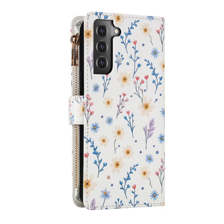 For Samsung Galaxy S22+ 5G Flower Pattern Zipper Wallet Vegan Leather Phone Case with Lanyard