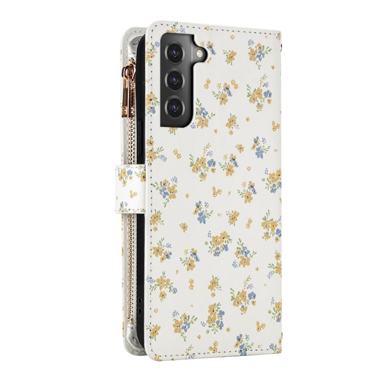 For Samsung Galaxy S22+ 5G Flower Pattern Zipper Wallet Vegan Leather Phone Case with Lanyard