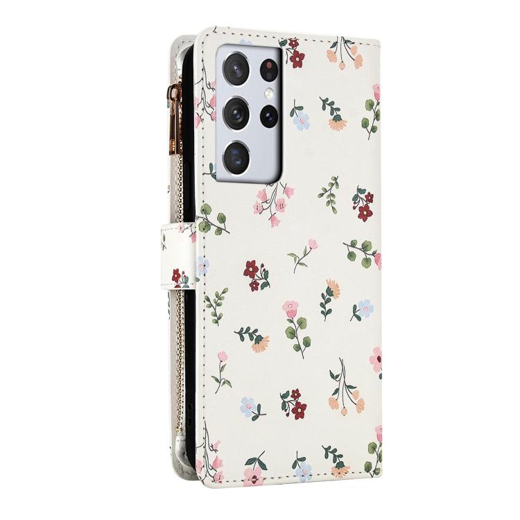 For Samsung Galaxy S21 Ultra 5G Flower Pattern Zipper Wallet Vegan Leather Phone Case with Lanyard