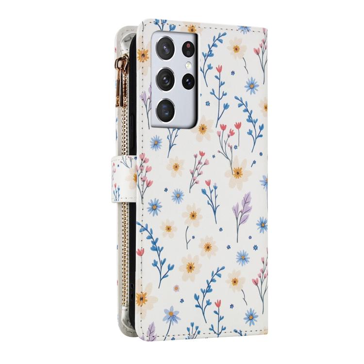 For Samsung Galaxy S21 Ultra 5G Flower Pattern Zipper Wallet Vegan Leather Phone Case with Lanyard