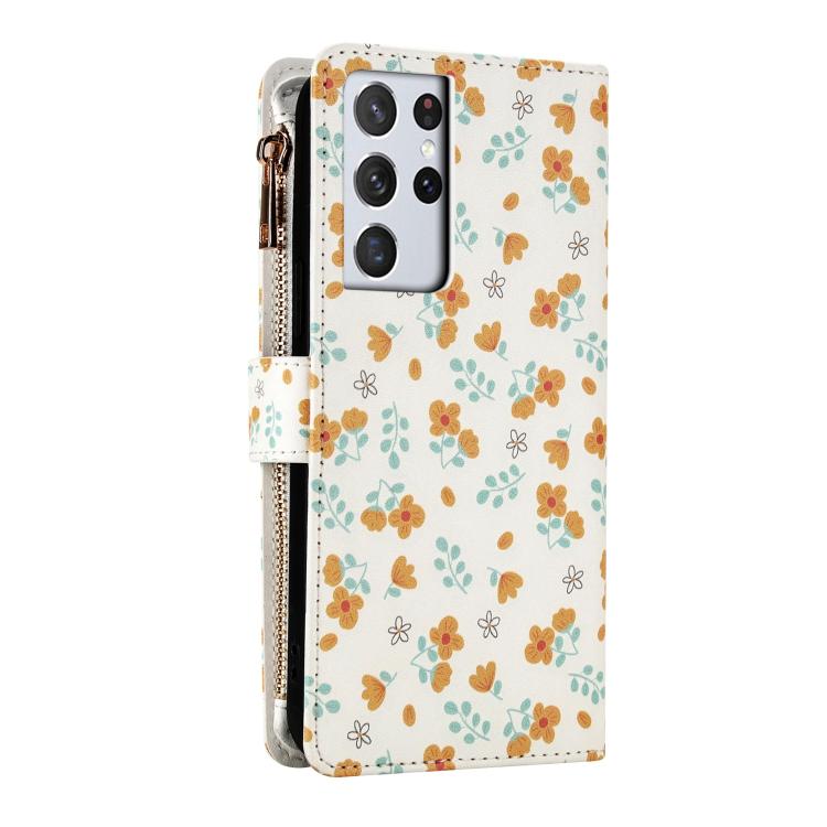 For Samsung Galaxy S21 Ultra 5G Flower Pattern Zipper Wallet Vegan Leather Phone Case with Lanyard