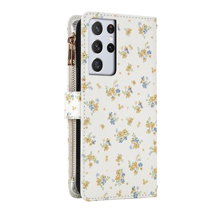 For Samsung Galaxy S21 Ultra 5G Flower Pattern Zipper Wallet Vegan Leather Phone Case with Lanyard