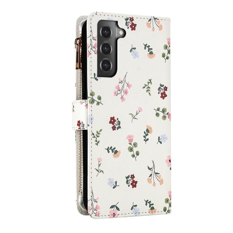 For Samsung Galaxy S21+ 5G Flower Pattern Zipper Wallet Vegan Leather Phone Case with Lanyard