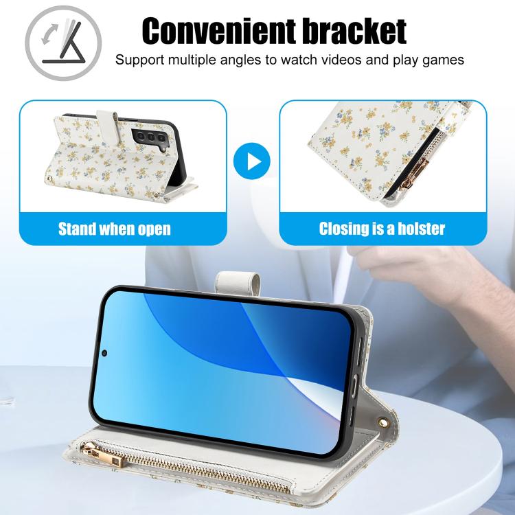 For Samsung Galaxy S21+ 5G Flower Pattern Zipper Wallet Vegan Leather Phone Case with Lanyard