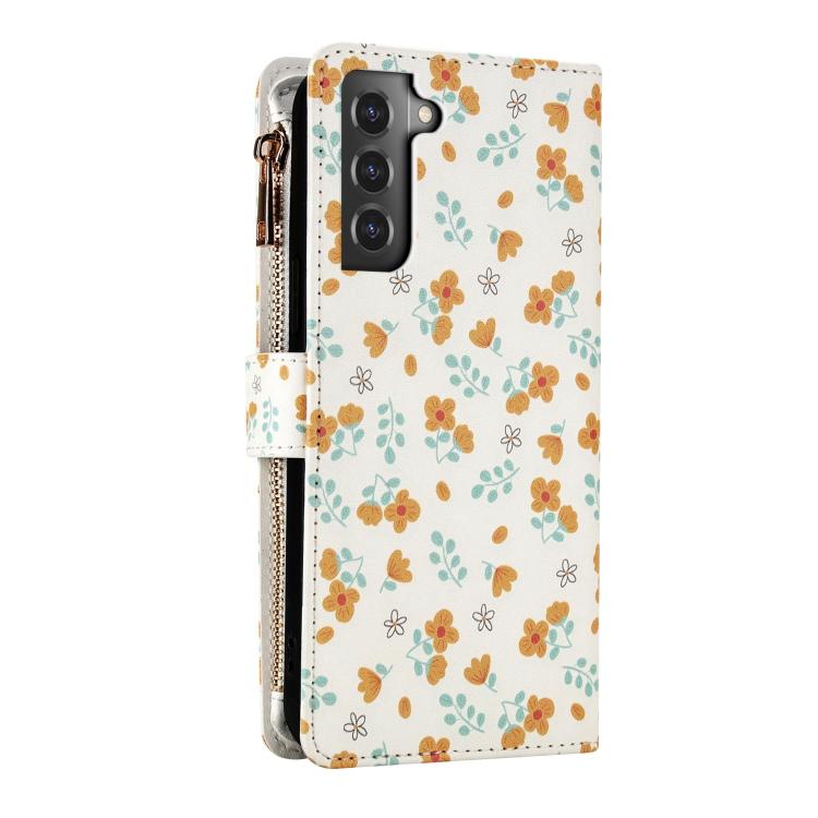 For Samsung Galaxy S21 FE 5G Flower Pattern Zipper Wallet Vegan Leather Phone Case with Lanyard