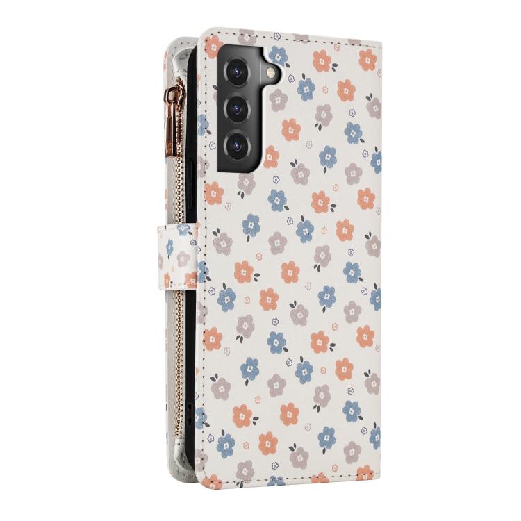 For Samsung Galaxy S21 FE 5G Flower Pattern Zipper Wallet Vegan Leather Phone Case with Lanyard