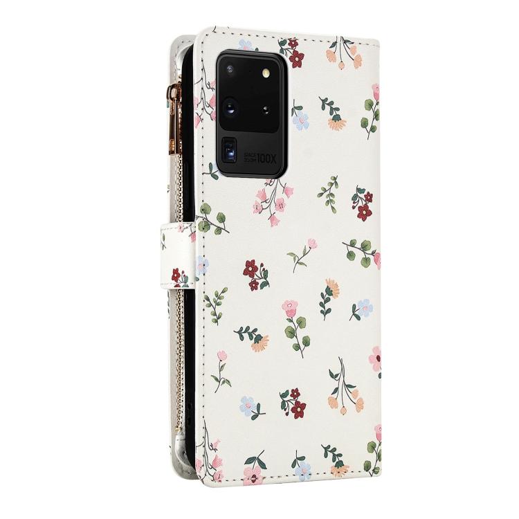 For Samsung Galaxy S20 Ultra 5G Flower Pattern Zipper Wallet Vegan Leather Phone Case with Lanyard