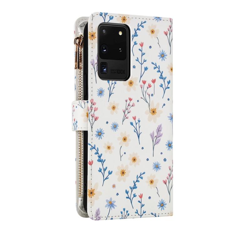 For Samsung Galaxy S20 Ultra 5G Flower Pattern Zipper Wallet Vegan Leather Phone Case with Lanyard