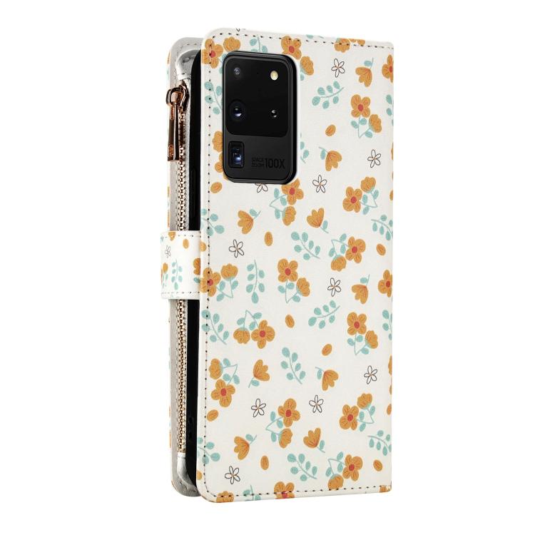 For Samsung Galaxy S20 Ultra 5G Flower Pattern Zipper Wallet Vegan Leather Phone Case with Lanyard