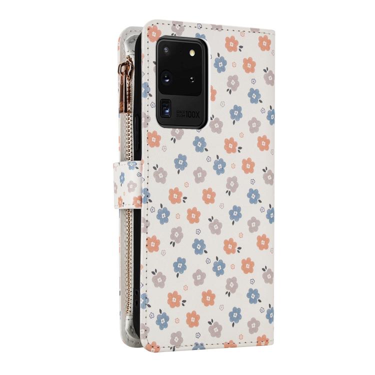 For Samsung Galaxy S20 Ultra 5G Flower Pattern Zipper Wallet Vegan Leather Phone Case with Lanyard
