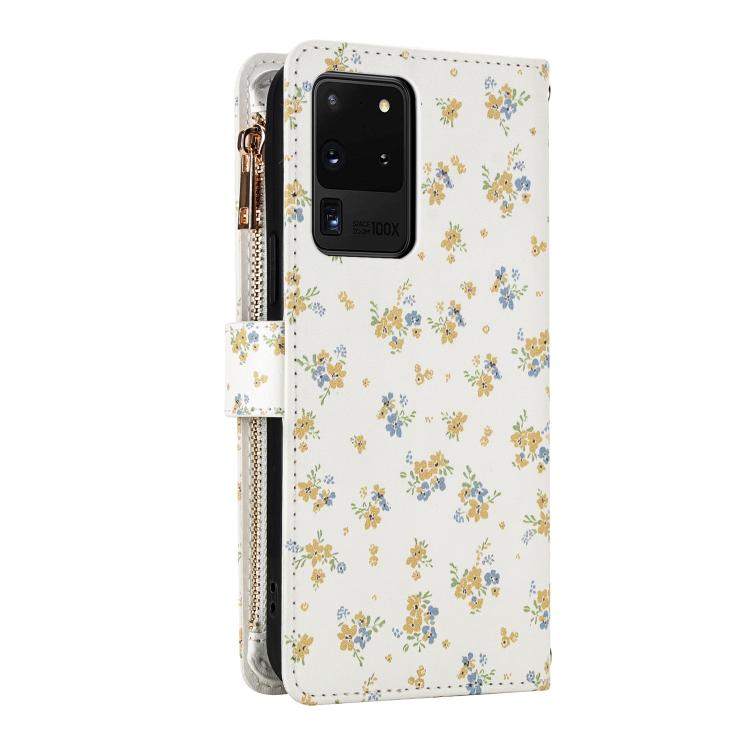 For Samsung Galaxy S20 Ultra 5G Flower Pattern Zipper Wallet Vegan Leather Phone Case with Lanyard