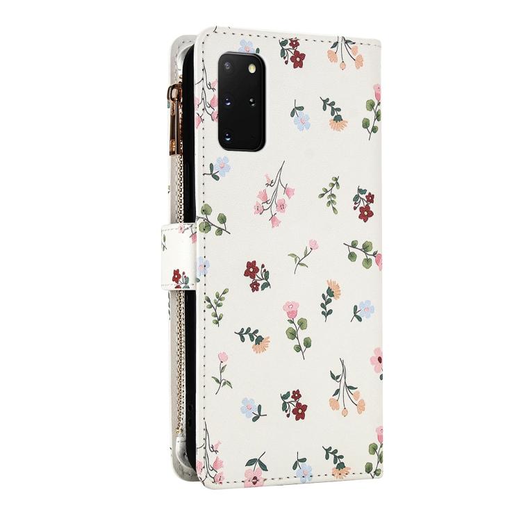 For Samsung Galaxy S20+ 5G Flower Pattern Zipper Wallet Vegan Leather Phone Case with Lanyard