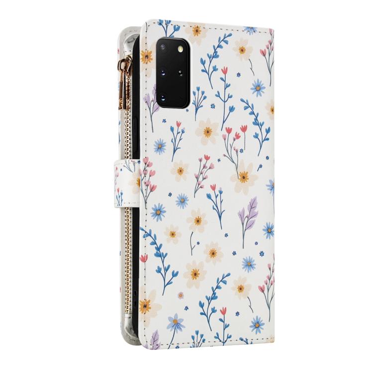 For Samsung Galaxy S20+ 5G Flower Pattern Zipper Wallet Vegan Leather Phone Case with Lanyard