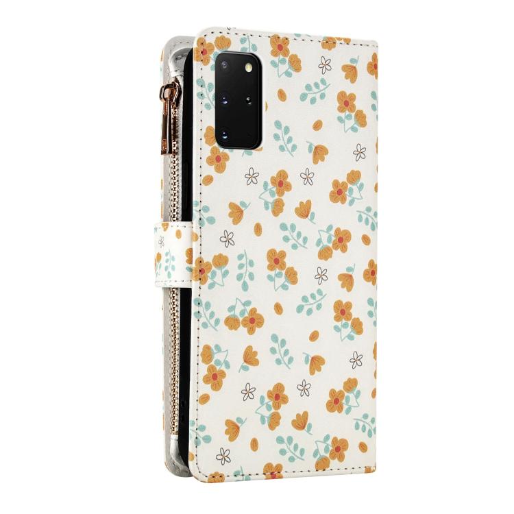 For Samsung Galaxy S20+ 5G Flower Pattern Zipper Wallet Vegan Leather Phone Case with Lanyard