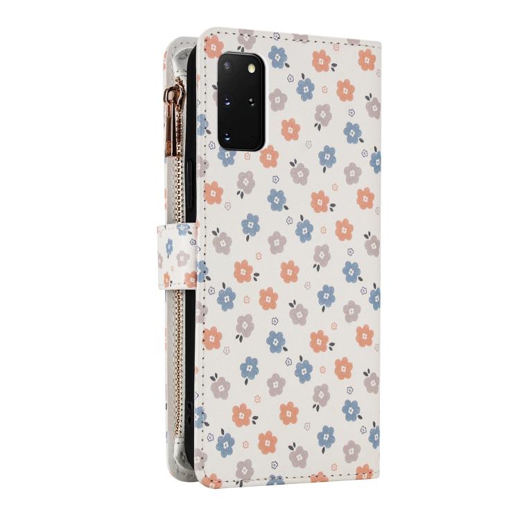 For Samsung Galaxy S20+ 5G Flower Pattern Zipper Wallet Vegan Leather Phone Case with Lanyard