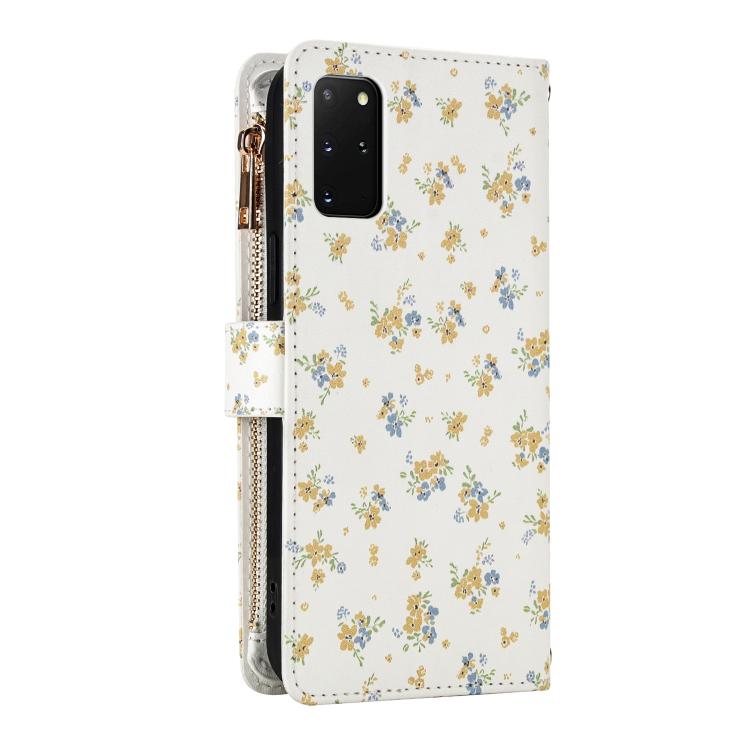 For Samsung Galaxy S20+ 5G Flower Pattern Zipper Wallet Vegan Leather Phone Case with Lanyard