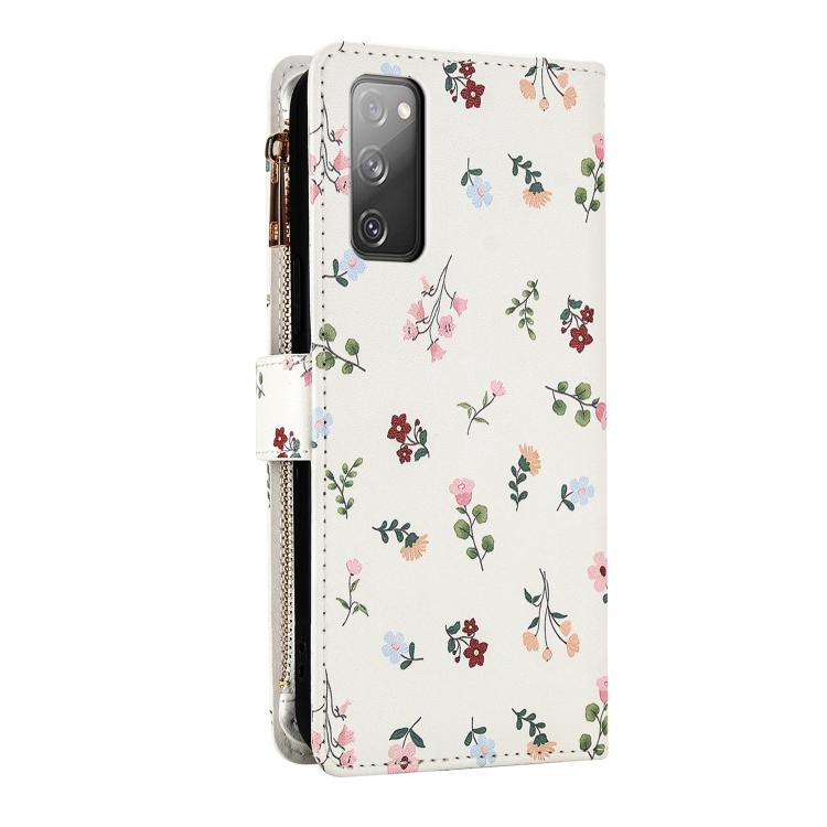 For Samsung Galaxy S20 FE 5G Flower Pattern Zipper Wallet Vegan Leather Phone Case with Lanyard