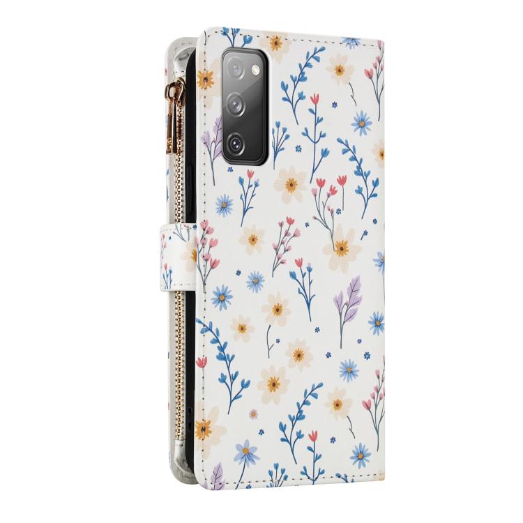 For Samsung Galaxy S20 FE 5G Flower Pattern Zipper Wallet Vegan Leather Phone Case with Lanyard