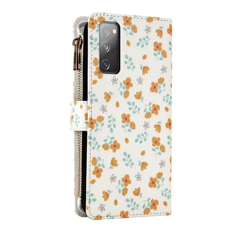 For Samsung Galaxy S20 FE 5G Flower Pattern Zipper Wallet Vegan Leather Phone Case with Lanyard