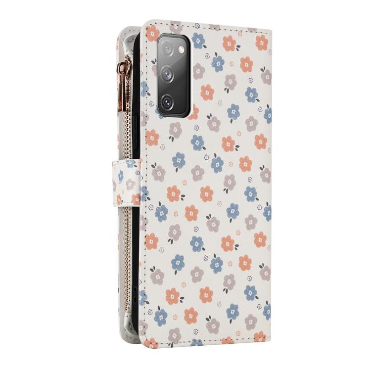 For Samsung Galaxy S20 FE 5G Flower Pattern Zipper Wallet Vegan Leather Phone Case with Lanyard