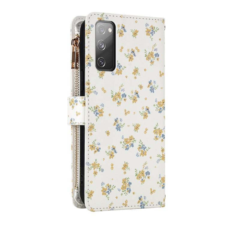 For Samsung Galaxy S20 FE 5G Flower Pattern Zipper Wallet Vegan Leather Phone Case with Lanyard
