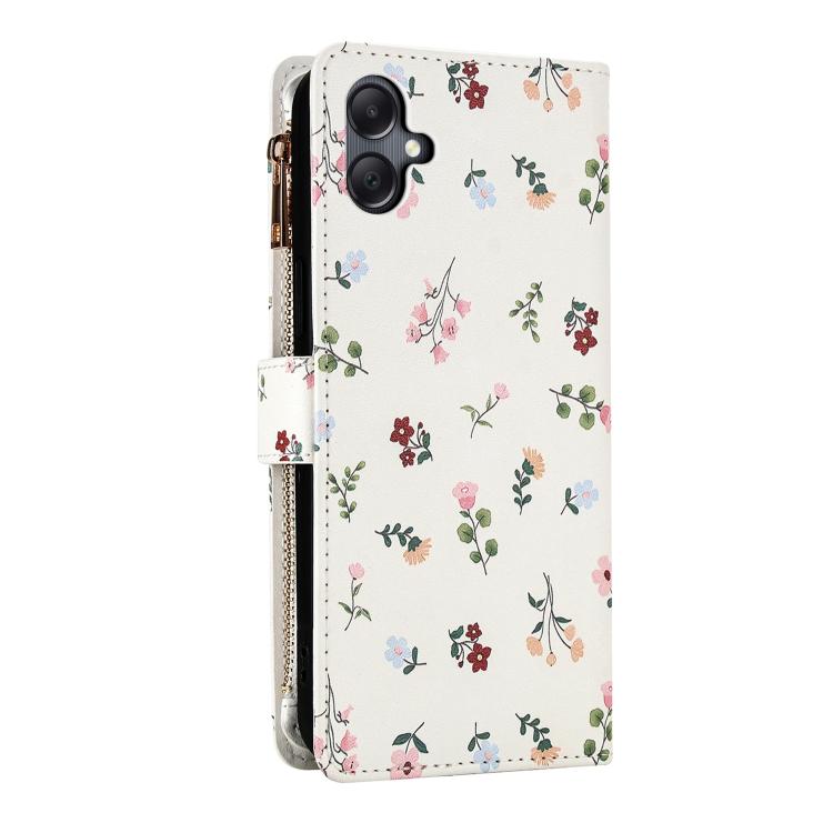 For Samsung Galaxy A06 / A07 Flower Pattern Zipper Wallet Vegan Leather Phone Case with Lanyard