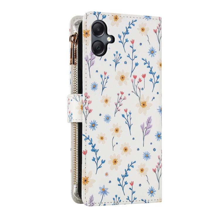 For Samsung Galaxy A06 / A07 Flower Pattern Zipper Wallet Vegan Leather Phone Case with Lanyard