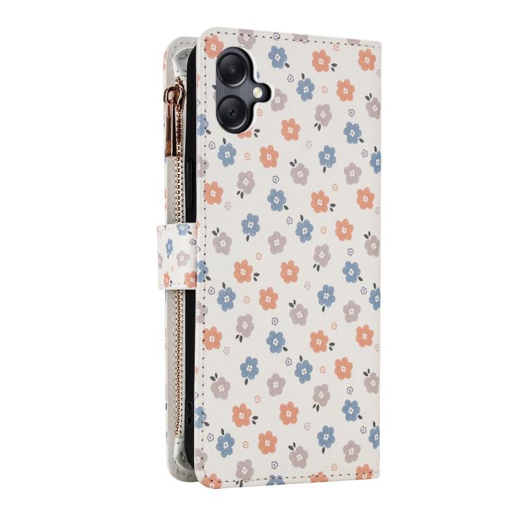 For Samsung Galaxy A06 / A07 Flower Pattern Zipper Wallet Vegan Leather Phone Case with Lanyard