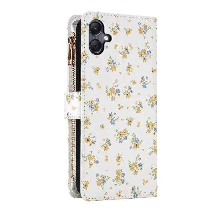 For Samsung Galaxy A06 / A07 Flower Pattern Zipper Wallet Vegan Leather Phone Case with Lanyard