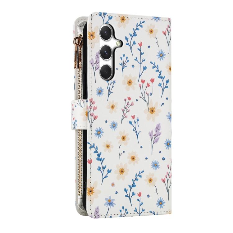 For Samsung Galaxy A16 4G / 5G Flower Pattern Zipper Wallet Vegan Leather Phone Case with Lanyard