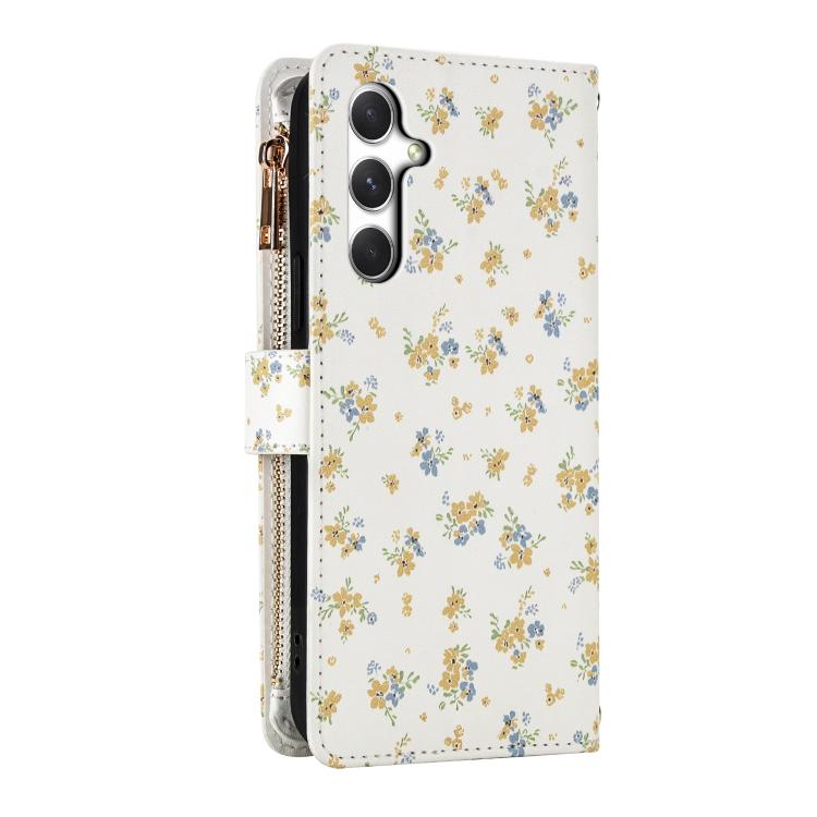 For Samsung Galaxy A16 4G / 5G Flower Pattern Zipper Wallet Vegan Leather Phone Case with Lanyard