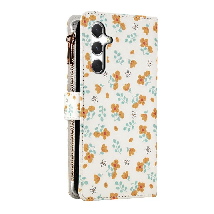For Samsung Galaxy A34 5G Flower Pattern Zipper Wallet Vegan Leather Phone Case with Lanyard