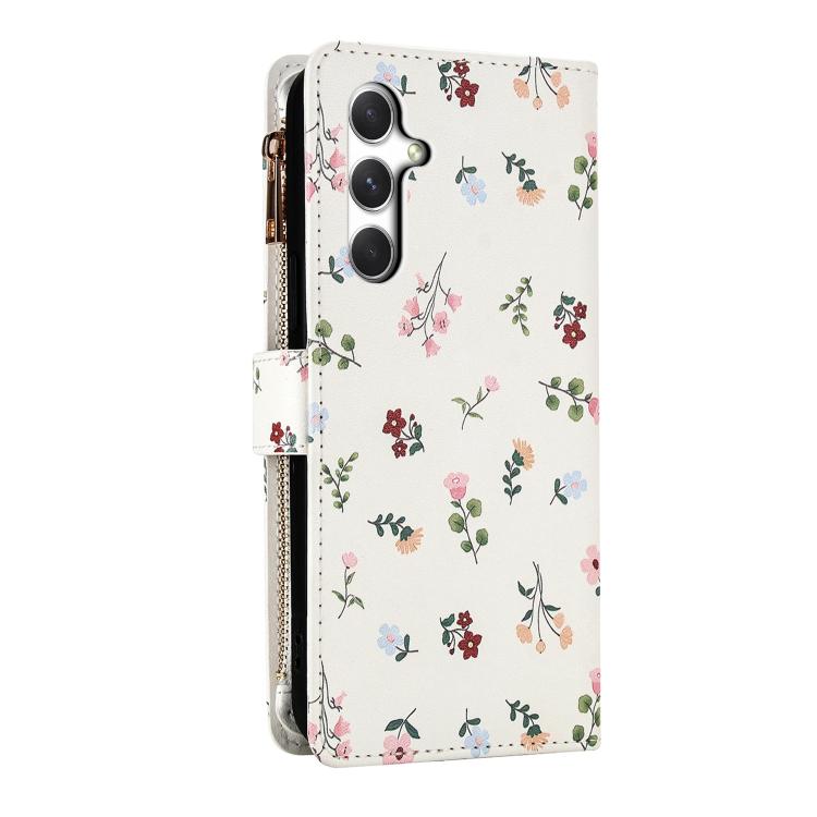 For Samsung Galaxy A35 5G Flower Pattern Zipper Wallet Vegan Leather Phone Case with Lanyard