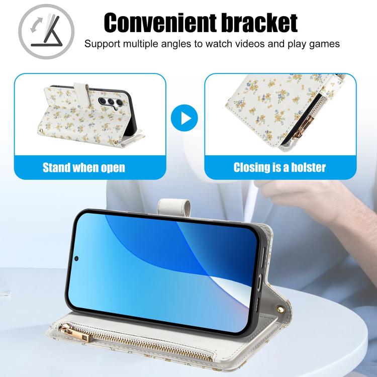 For Samsung Galaxy A35 5G Flower Pattern Zipper Wallet Vegan Leather Phone Case with Lanyard