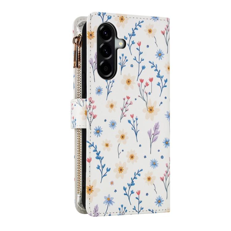 For Samsung Galaxy A37 5G / A36 5G / A56 5G Flower Pattern Zipper Wallet Vegan Leather Phone Case with Lanyard