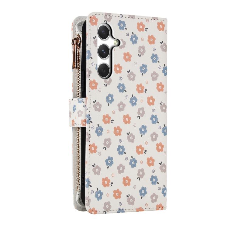 For Samsung Galaxy A54 5G Flower Pattern Zipper Wallet Vegan Leather Phone Case with Lanyard