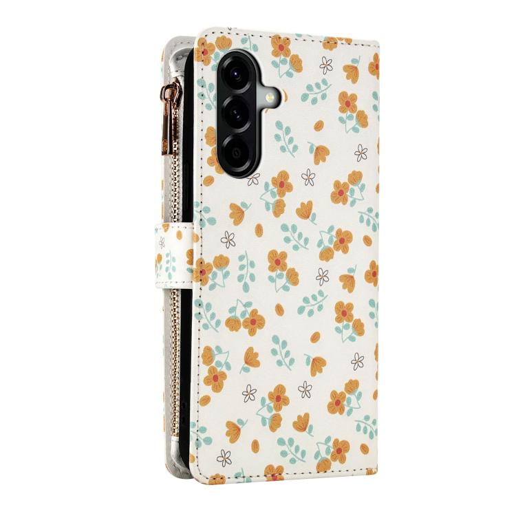 For Samsung Galaxy A57 5G Flower Pattern Zipper Wallet Vegan Leather Phone Case with Lanyard
