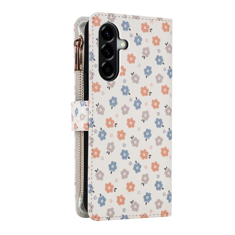 For Samsung Galaxy A57 5G Flower Pattern Zipper Wallet Vegan Leather Phone Case with Lanyard