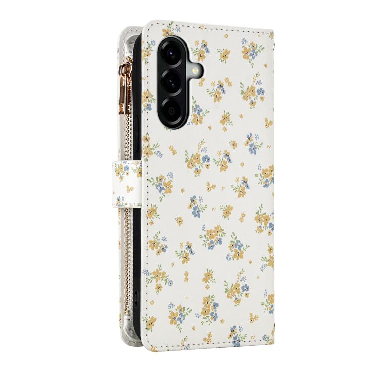 For Samsung Galaxy A57 5G Flower Pattern Zipper Wallet Vegan Leather Phone Case with Lanyard