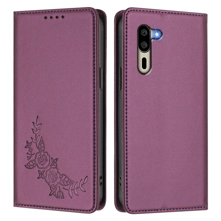 For Sharp Simple Sumaho 5 A001SH Peony Embossed Magnetic RFID Vegan Leather Phone Case
