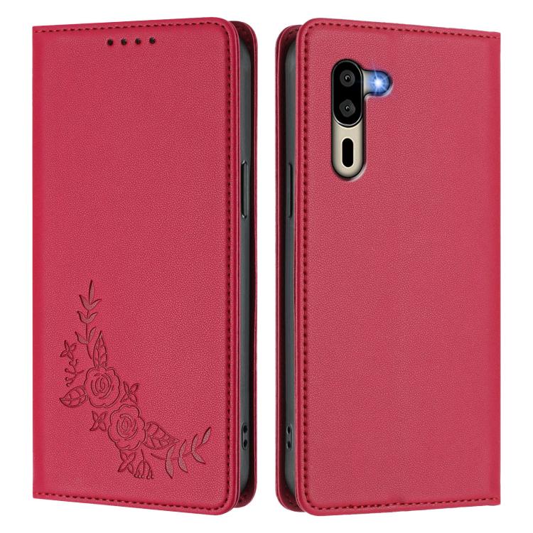 For Sharp Simple Sumaho 5 A001SH Peony Embossed Magnetic RFID Vegan Leather Phone Case