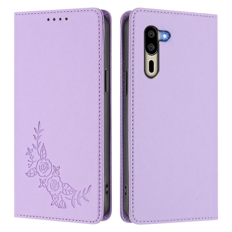 For Sharp Simple Sumaho 5 A001SH Peony Embossed Magnetic RFID Vegan Leather Phone Case