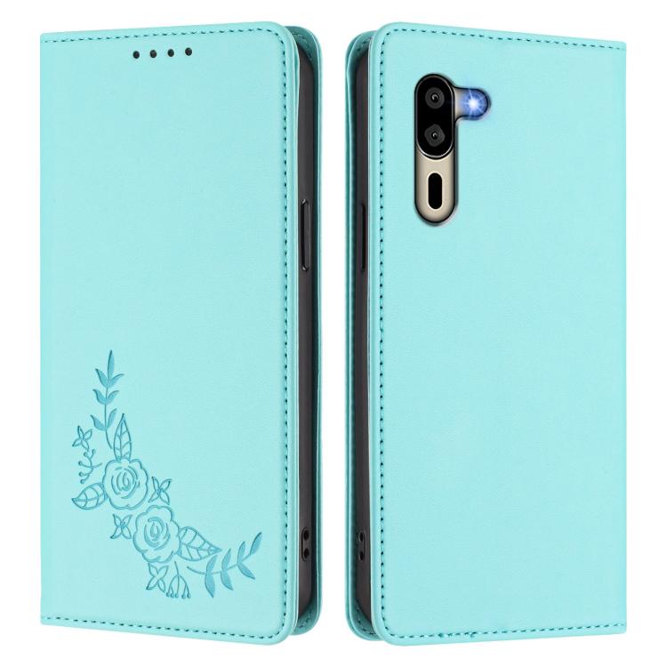 For Sharp Simple Sumaho 5 A001SH Peony Embossed Magnetic RFID Vegan Leather Phone Case