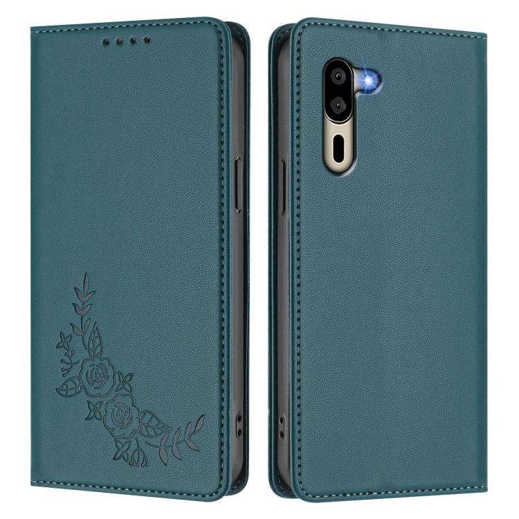 For Sharp Simple Sumaho 5 A001SH Peony Embossed Magnetic RFID Vegan Leather Phone Case