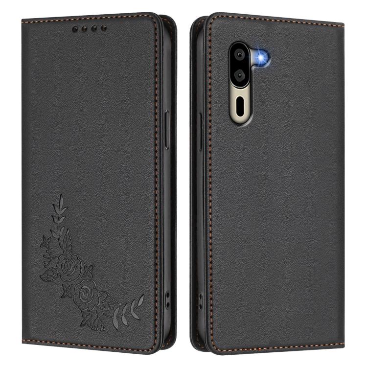 For Sharp Simple Sumaho 5 A001SH Peony Embossed Magnetic RFID Vegan Leather Phone Case
