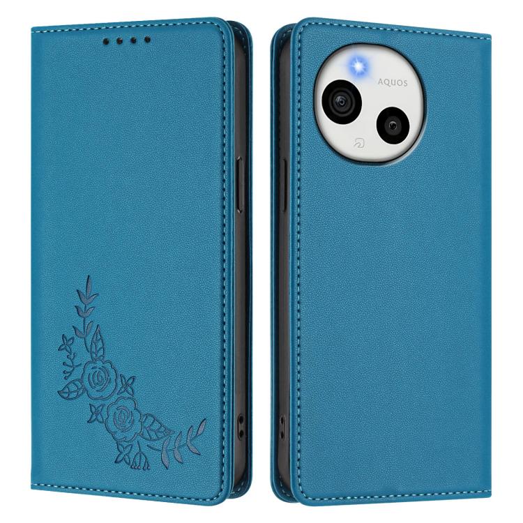For Sharp Aquos Sense9 Peony Embossed Magnetic RFID Vegan Leather Phone Case