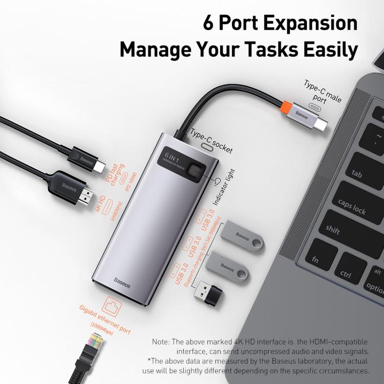 Baseus Metallic Glow Series CAHUB-CW0G 6 in 1 Multifunctional Type-C HUB Docking Station - Space Gray