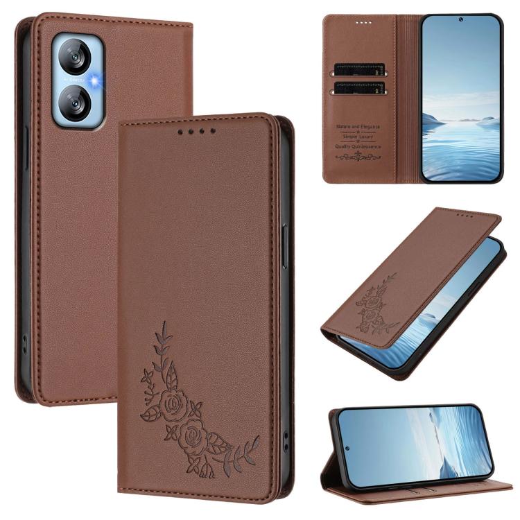 For Blackview A52 / A52 Pro Peony Embossed Magnetic RFID Vegan Leather Phone Case